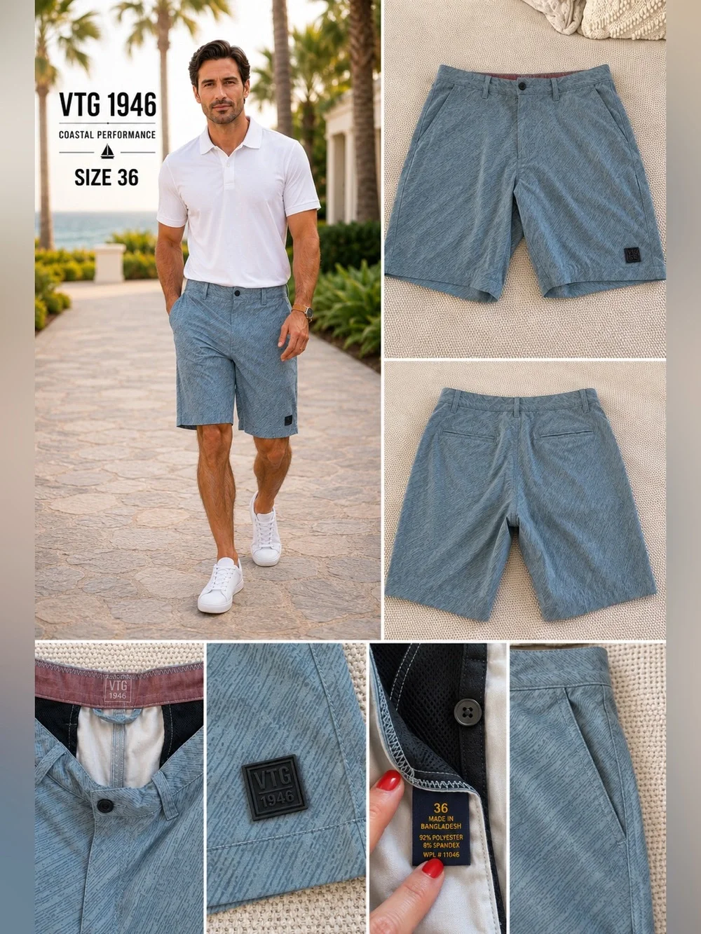 VTG 1946 Men’s Coastal Performance Stretch Shorts Blue Size 36 Resort Golf